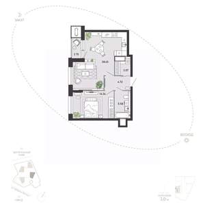 1-к квартира, вторичка, 59м2, 7/21 этаж