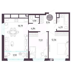 2-к квартира, строящийся дом, 60м2, 10/10 этаж
