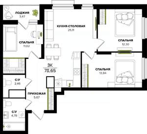 3-к квартира, вторичка, 79м2, 11/25 этаж