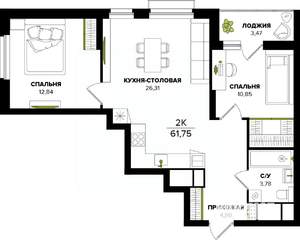 2-к квартира, вторичка, 62м2, 6/25 этаж