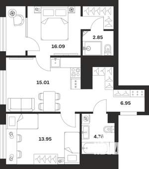2-к квартира, строящийся дом, 60м2, 18/25 этаж
