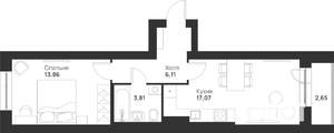 1-к квартира, строящийся дом, 44м2, 2/5 этаж