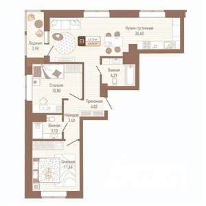 2-к квартира, строящийся дом, 65м2, 3/14 этаж