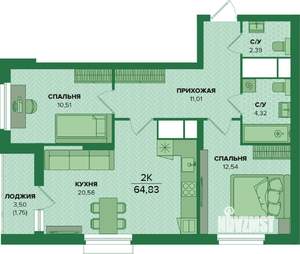 2-к квартира, вторичка, 65м2, 3/25 этаж