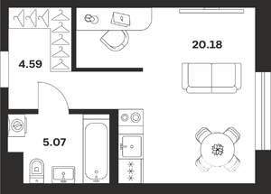 Студия квартира, строящийся дом, 30м2, 1/25 этаж