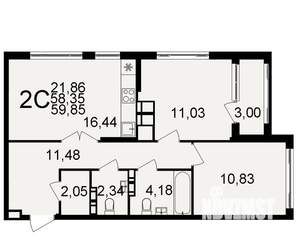 2-к квартира, строящийся дом, 58м2, 13/20 этаж