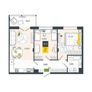 2-к квартира, вторичка, 56м2, 6/8 этаж