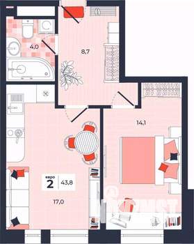 2-к квартира, строящийся дом, 44м2, 9/14 этаж