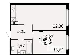 1-к квартира, вторичка, 46м2, 1/10 этаж