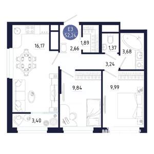 2-к квартира, строящийся дом, 52м2, 2/25 этаж