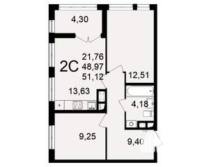 2-к квартира, строящийся дом, 49м2, 1/18 этаж