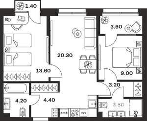 2-к квартира, строящийся дом, 64м2, 8/24 этаж