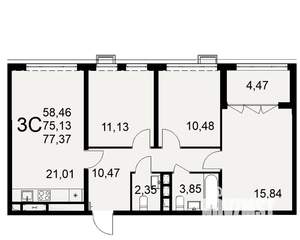 3-к квартира, строящийся дом, 77м2, 2/16 этаж