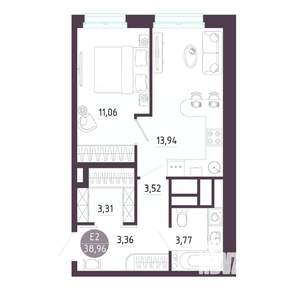 1-к квартира, строящийся дом, 39м2, 9/10 этаж