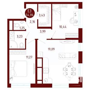2-к квартира, вторичка, 55м2, 7/10 этаж
