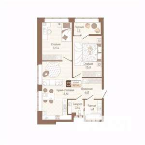 2-к квартира, вторичка, 57м2, 1/14 этаж