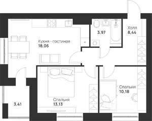 2-к квартира, строящийся дом, 57м2, 5/5 этаж