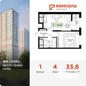 1-к квартира, вторичка, 34м2, 14/25 этаж