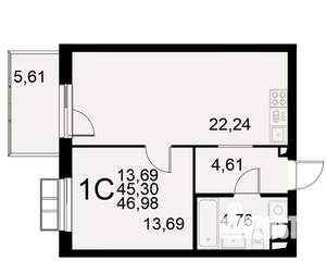 1-к квартира, строящийся дом, 45м2, 3/11 этаж