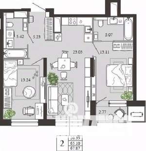 2-к квартира, вторичка, 68м2, 10/21 этаж