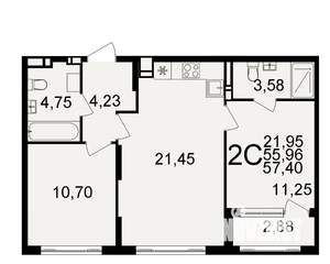 2-к квартира, вторичка, 56м2, 2/20 этаж