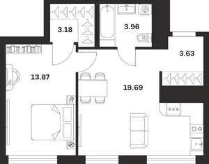 1-к квартира, вторичка, 44м2, 18/25 этаж
