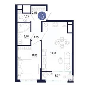 1-к квартира, строящийся дом, 44м2, 13/25 этаж