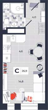 Студия квартира, строящийся дом, 27м2, 14/14 этаж