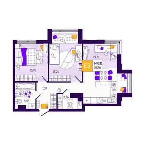 2-к квартира, вторичка, 58м2, 11/12 этаж