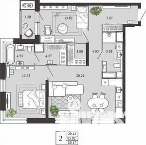 2-к квартира, вторичка, 89м2, 13/21 этаж