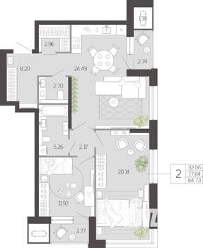 2-к квартира, вторичка, 85м2, 1/21 этаж