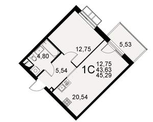 1-к квартира, строящийся дом, 44м2, 3/11 этаж