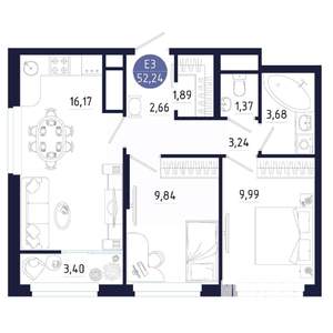 2-к квартира, вторичка, 52м2, 8/25 этаж