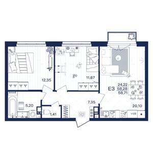 2-к квартира, строящийся дом, 59м2, 4/15 этаж