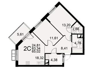 2-к квартира, строящийся дом, 63м2, 2/11 этаж