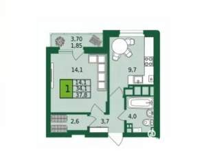 1-к квартира, вторичка, 36м2, 5/9 этаж