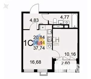 1-к квартира, вторичка, 38м2, 2/16 этаж
