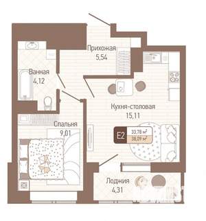 1-к квартира, сданный дом, 38м2, 3/12 этаж