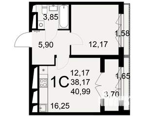1-к квартира, вторичка, 41м2, 14/25 этаж