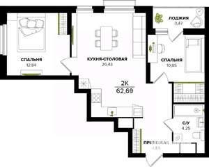2-к квартира, вторичка, 63м2, 6/25 этаж