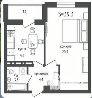 1-к квартира, сданный дом, 39м2, 4/10 этаж