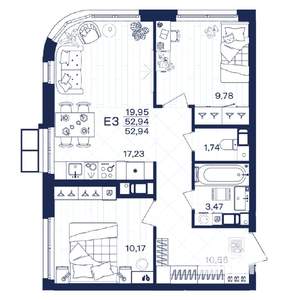 2-к квартира, строящийся дом, 53м2, 11/15 этаж