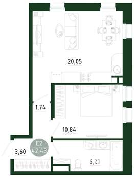1-к квартира, вторичка, 42м2, 1/25 этаж