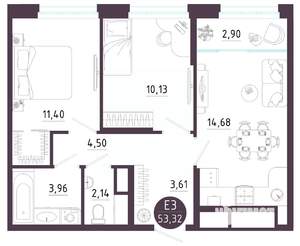 2-к квартира, вторичка, 53м2, 6/10 этаж