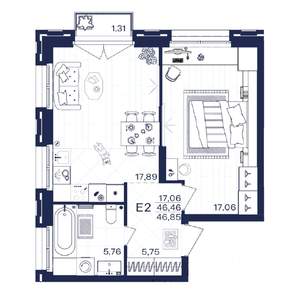 1-к квартира, строящийся дом, 47м2, 2/15 этаж