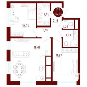 2-к квартира, вторичка, 55м2, 8/10 этаж