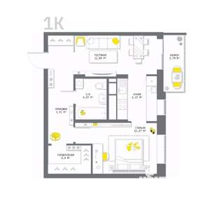1-к квартира, вторичка, 54м2, 4/13 этаж