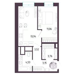 1-к квартира, строящийся дом, 40м2, 3/10 этаж