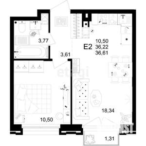 1-к квартира, вторичка, 38м2, 5/16 этаж