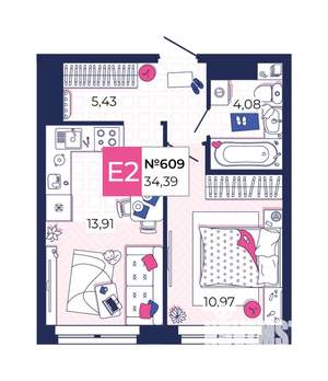 1-к квартира, вторичка, 34м2, 21/25 этаж